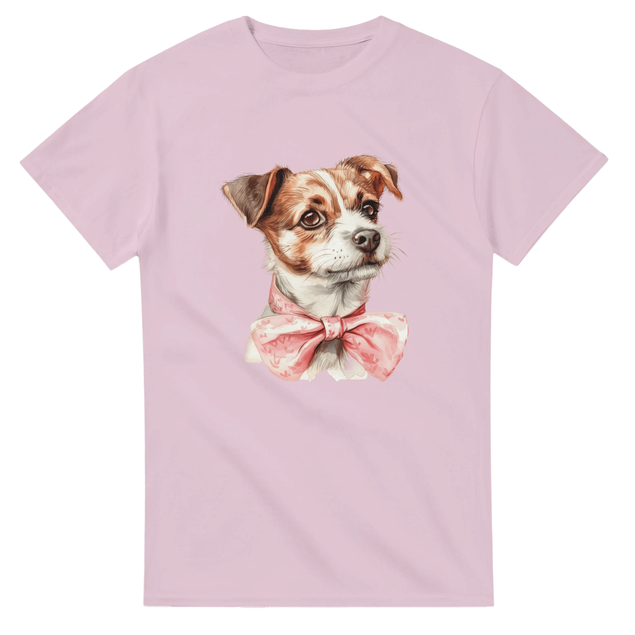 Pink women's graphic tee featuring a cute dog with a pink bow tie.