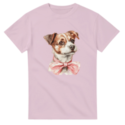 Pink women's graphic tee featuring a cute dog with a pink bow tie.