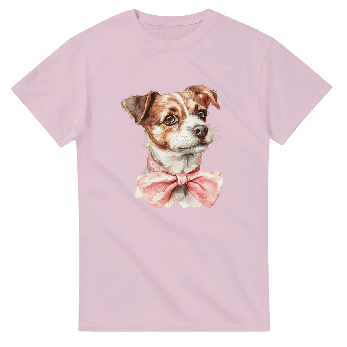 Pink women's graphic tee featuring a cute dog with a pink bow tie.