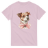 Pink women's graphic tee featuring a cute dog with a pink bow tie.