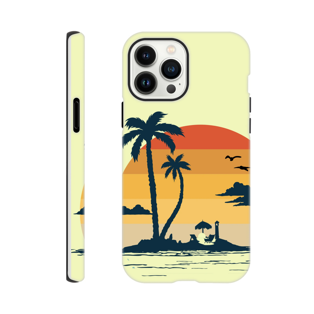 Retro Tropical Sunset Palm Tree iPhone Case with beach scene and palm silhouettes on pastel yellow.
