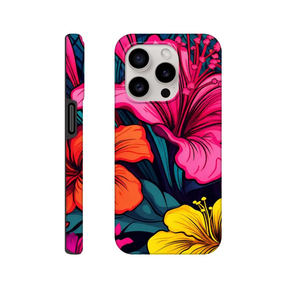 Vibrant tropical hibiscus iPhone case featuring bold pink, orange, and yellow floral art on a dark background with seamless side wrap protection.