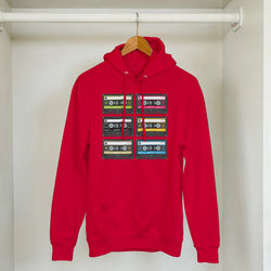Red Retro Cassette Tape Hoodie on a hanger with stacked cassette prints, vintage 90s graphic pullover.