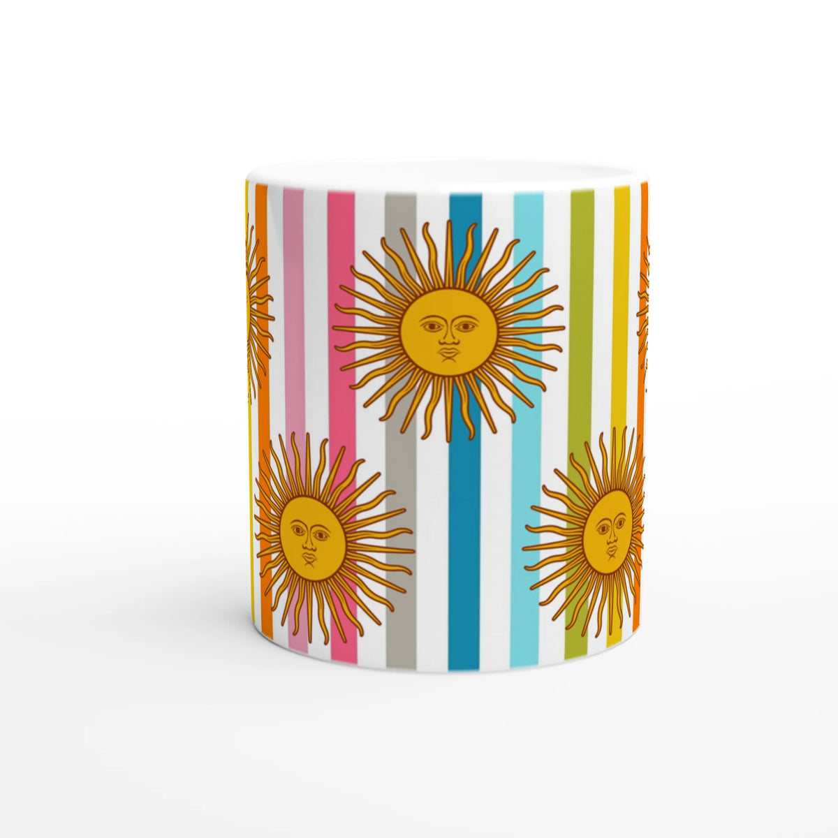 Retro Rainbow Sun Mug with colorful vertical stripes and sun motif, a cute boho aesthetic coffee cup.
