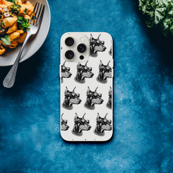 Transparent slim iPhone case with gangster dog pattern on frosty background; fits iPhone 13–16