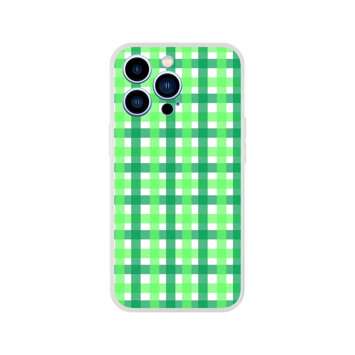 Green gingham iPhone case with lime and dark-green checks and triple-camera cutouts.