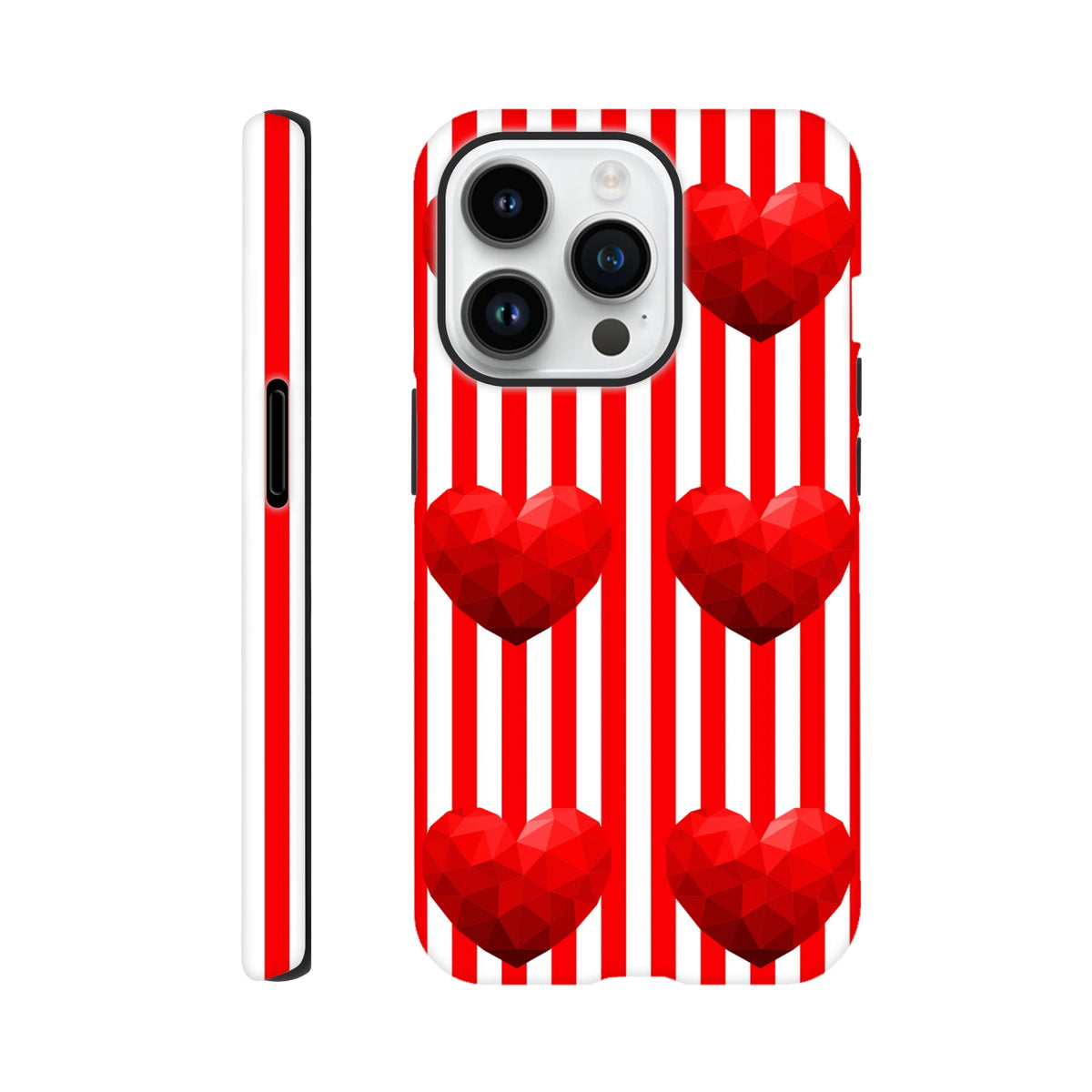Red and white vertical striped iPhone case featuring red geometric low-poly hearts with tough protective design.