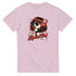 Retro Pop Art Women’s Graphic T‑Shirt, pink cotton blend, featuring a bobbed woman in sunglasses licking a lollipop.