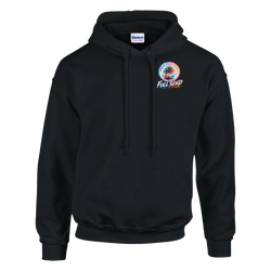 Black men's hoodie featuring a colorful Urban Palm Trees Full Send graphic on the chest. Perfect for modified car culture with a front pouch pocket.