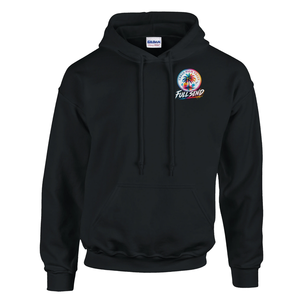 Black men's hoodie featuring a colorful Urban Palm Trees Full Send graphic on the chest. Perfect for modified car culture with a front pouch pocket.