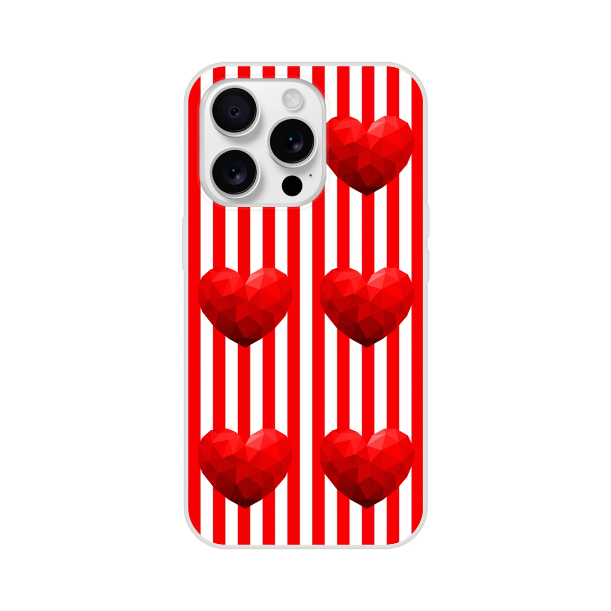 Red Stripe Heart iPhone case for iPhone 13–16 with vertical stripes and heart motifs, cute romantic aesthetic.