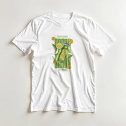White retro graphic tee featuring a green lemon soda can, citrus slices, and "Zesty Breeze" text for streetwear.