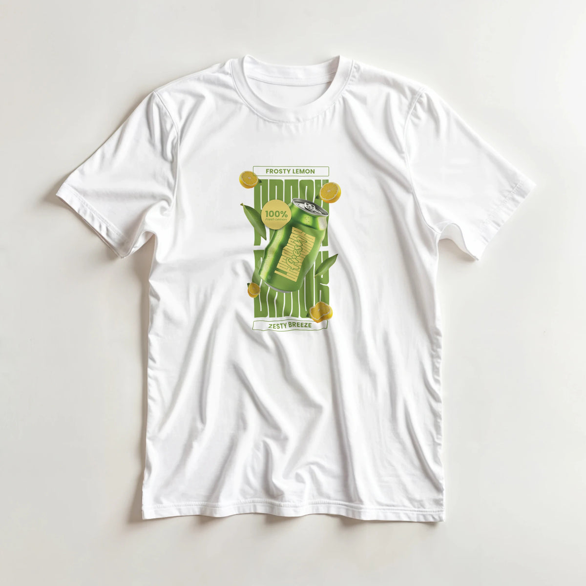 White retro graphic tee featuring a green lemon soda can, citrus slices, and "Zesty Breeze" text for streetwear.