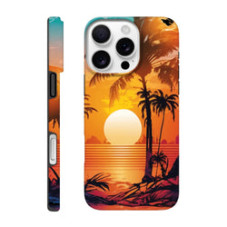 Retro tropical sunset phone case featuring palm tree silhouettes and orange gradient ocean waves for iPhone 13-16 protection.