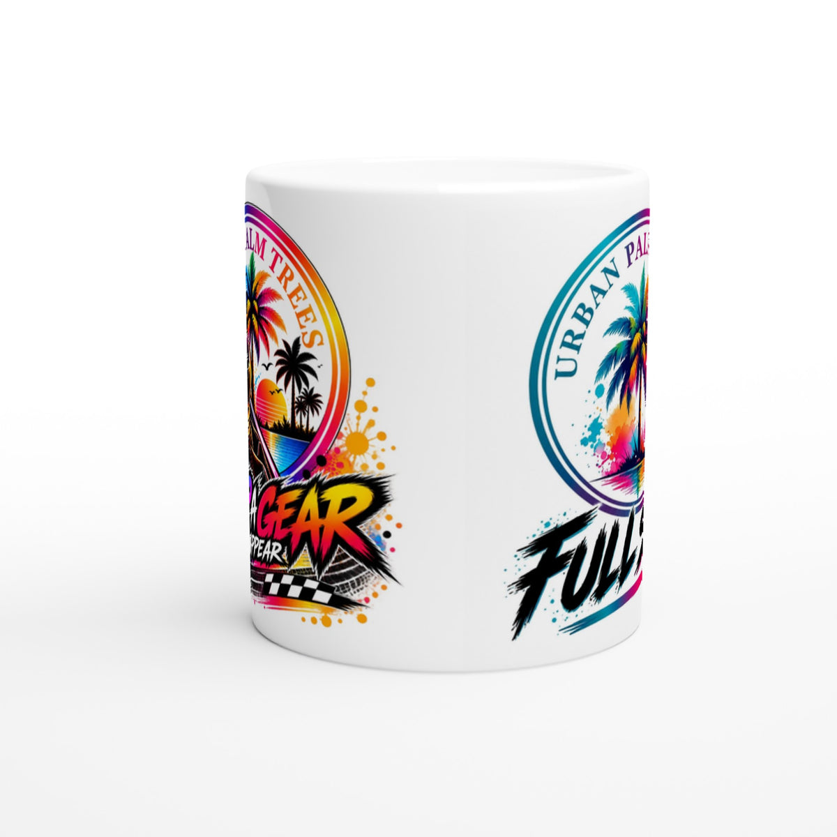 White ceramic mug featuring colorful palm tree sunsets, checkered flags, and gear shift graphics for car enthusiasts.