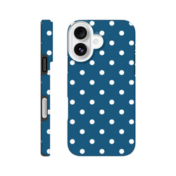 Navy blue iPhone case with white polka dots featuring a tough dual-layer design, glossy wraparound finish, and precise button cutouts for shock absorption.