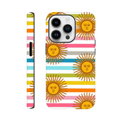 Retro sun stripe iPhone case featuring celestial golden suns with faces on colorful horizontal stripes.