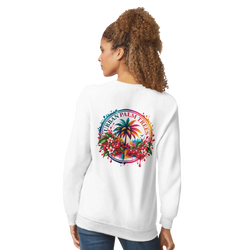White women's sweatshirt featuring a retro tropical back print with a palm tree, cherries, and "Urban Palm Trees" text.