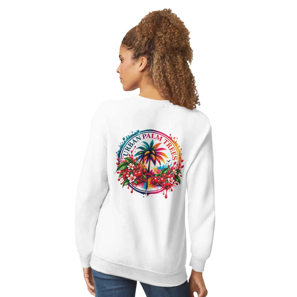 White women's sweatshirt featuring a retro tropical back print with a palm tree, cherries, and "Urban Palm Trees" text.