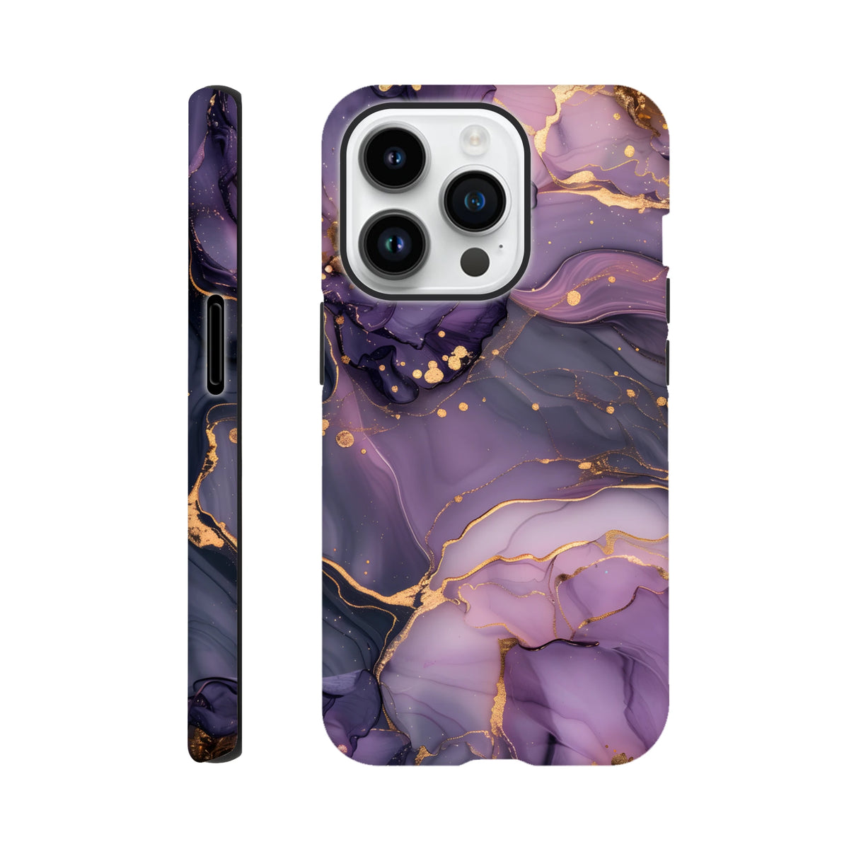 Luxury purple and gold marble abstract iPhone case with gold veins and dots. Tough wraparound phone cover for iPhone 13-16.