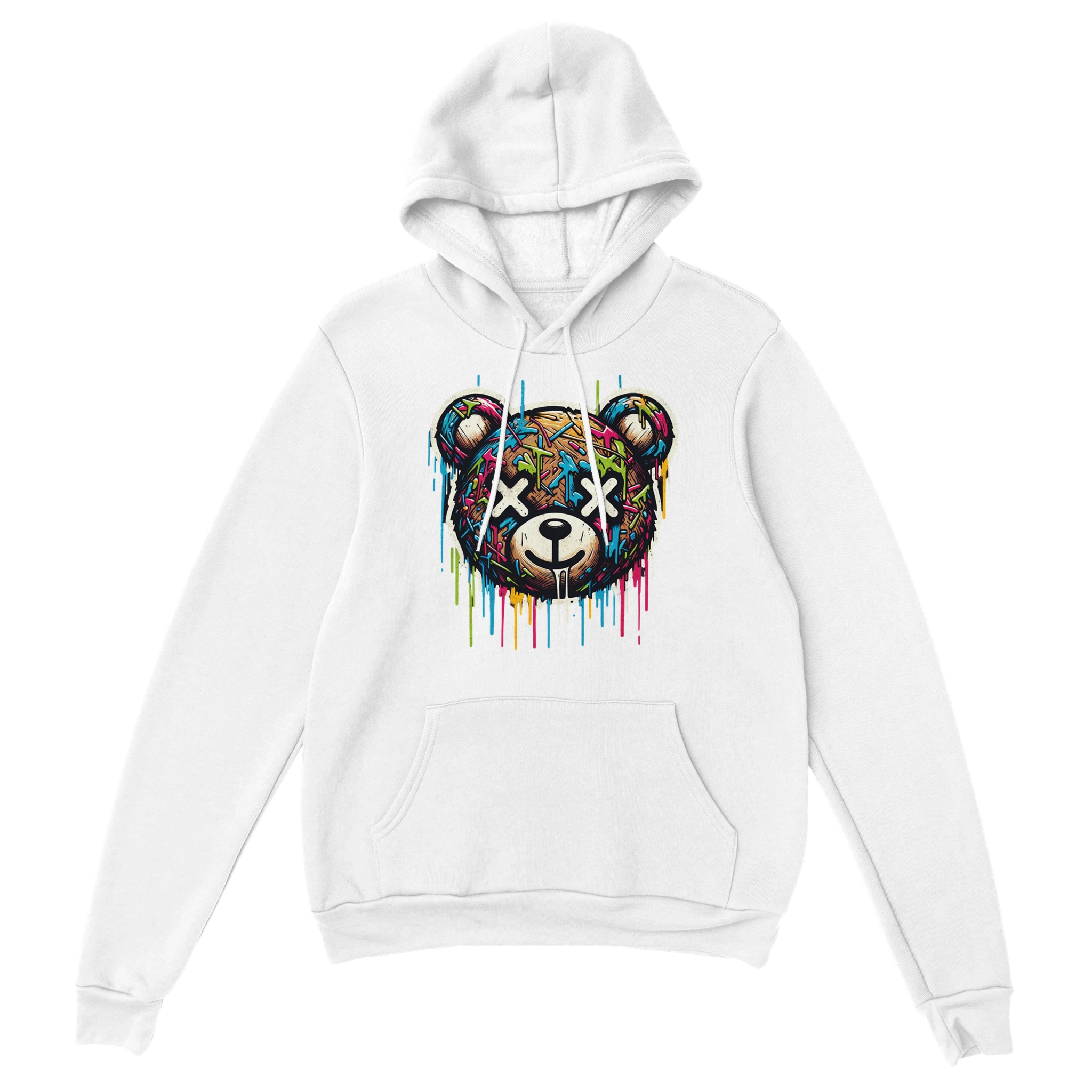 White men's teddy bear hoodie with colorful graffiti bear graphic on chest, 50/50 cotton-poly blend, sizes S to XL.