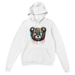 White men's teddy bear hoodie with colorful graffiti bear graphic on chest, 50/50 cotton-poly blend, sizes S to XL.