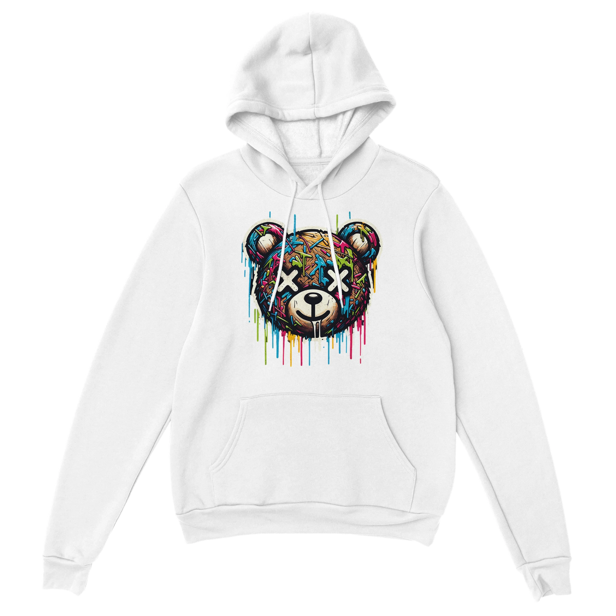 White men's teddy bear hoodie with colorful graffiti bear graphic on chest, 50/50 cotton-poly blend, sizes S to XL.