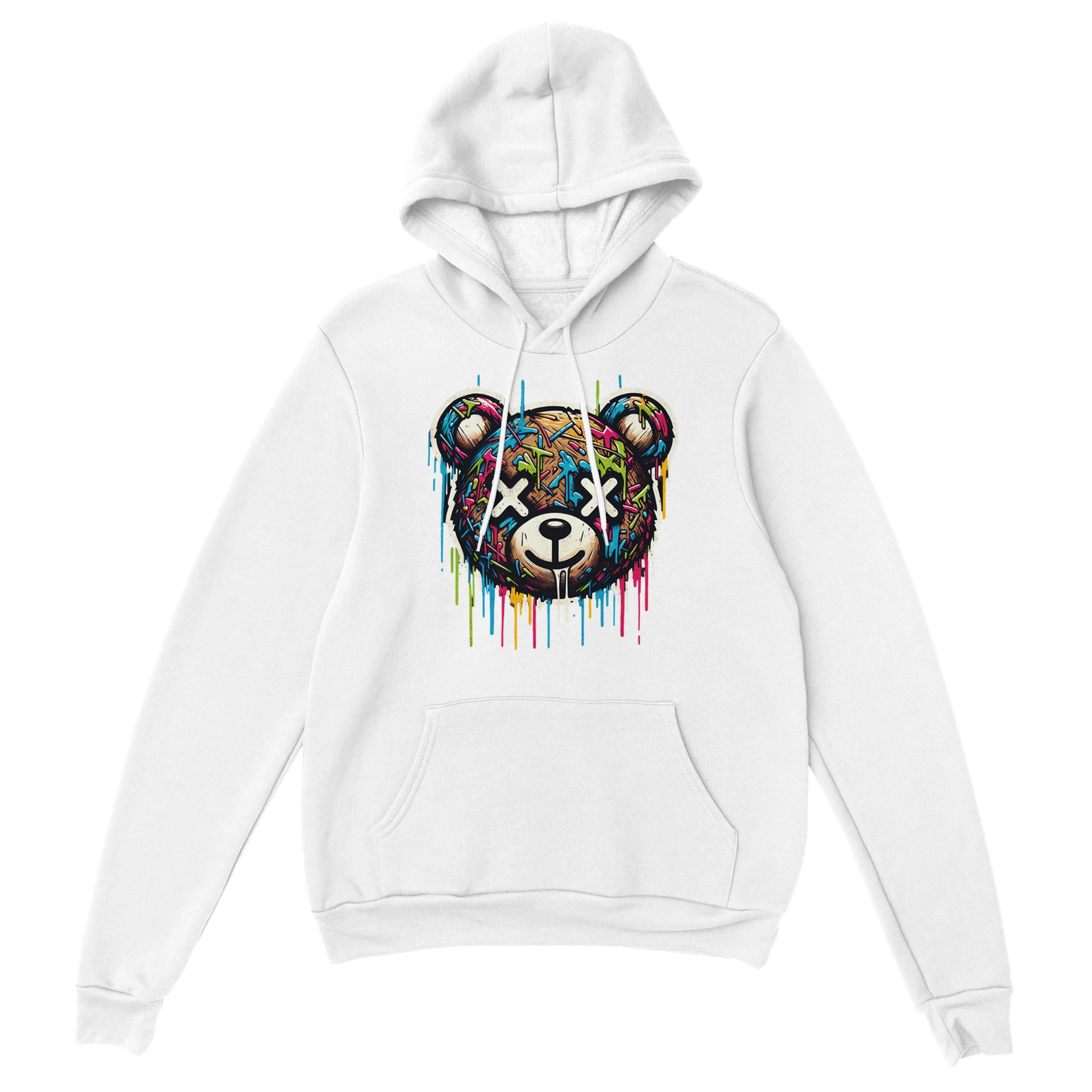 White men's teddy bear hoodie with a colorful bear graphic on a white background. 6