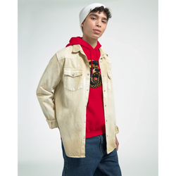 Man wearing Men's Grizzly Bear Hoodie in red over beige denim jacket with white beanie, studio portrait.