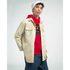 Man wearing Men's Grizzly Bear Hoodie in red over beige denim jacket with white beanie, studio portrait.