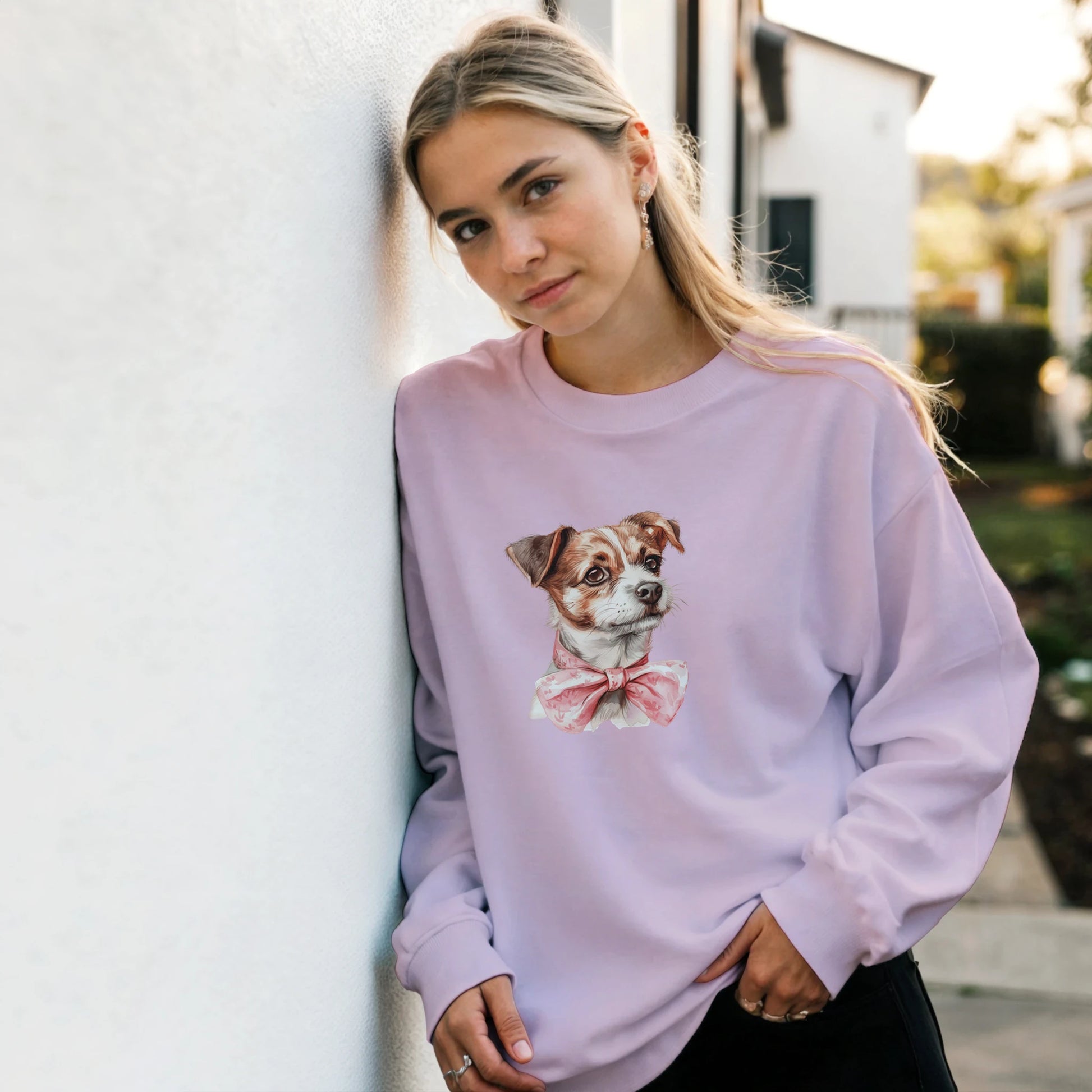 Woman in a lavender Classic Unisex Crewneck Sweatshirt featuring a dog portrait with a pink bow.
