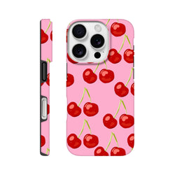 Pink iPhone case featuring a seamless wraparound print of cute red cherries with green stems on a vibrant pink background.