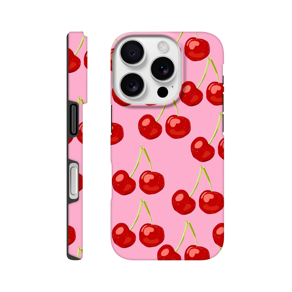 Pink iPhone case featuring a seamless wraparound print of cute red cherries with green stems on a vibrant pink background.