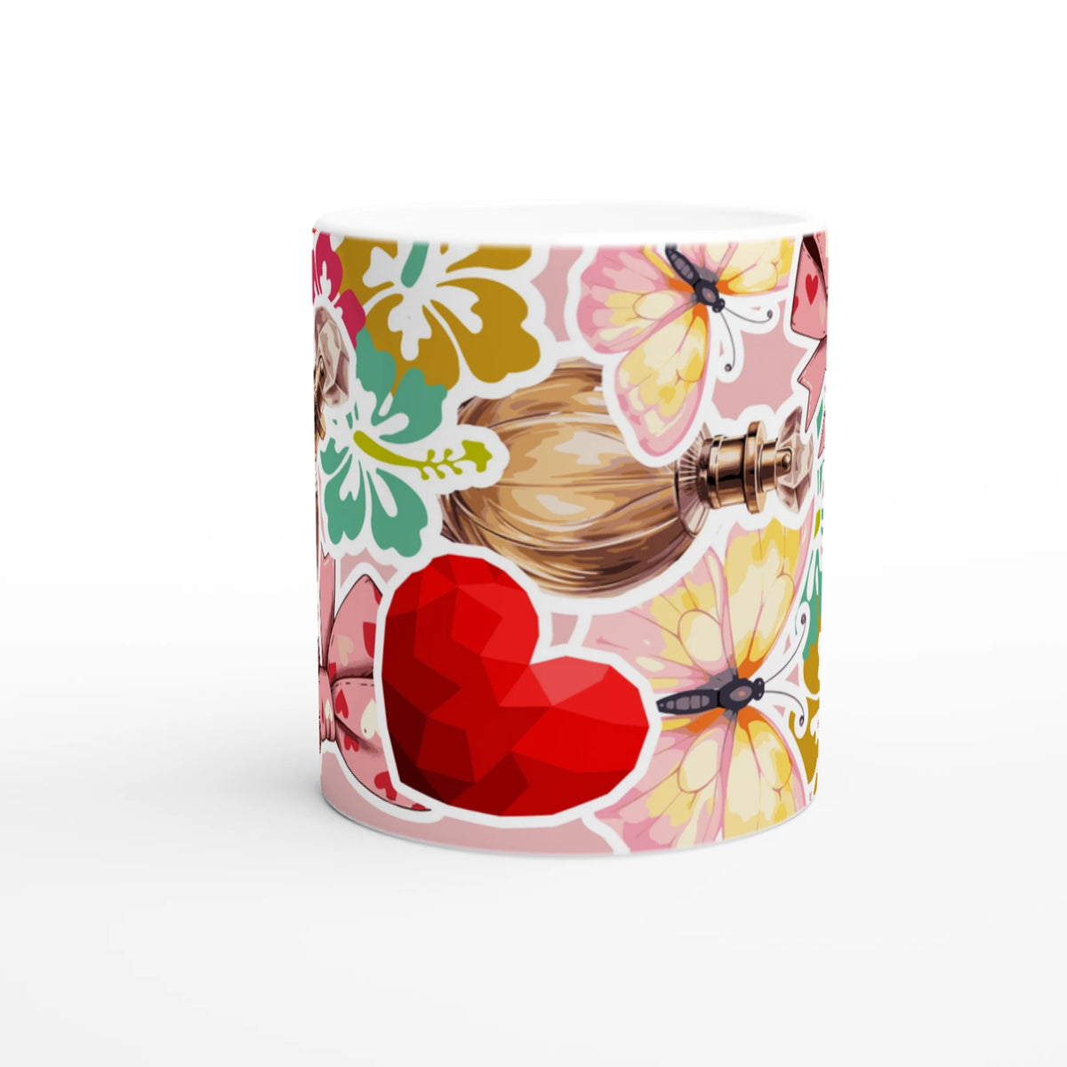 Retro perfume and floral ceramic mug with Coquette Bow design and bold colorful bouquet pattern.