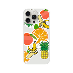 Transparent iPhone case featuring a collage of tropical fruit stickers, including oranges, bananas, and pineapples, in a vibrant streetwear style.