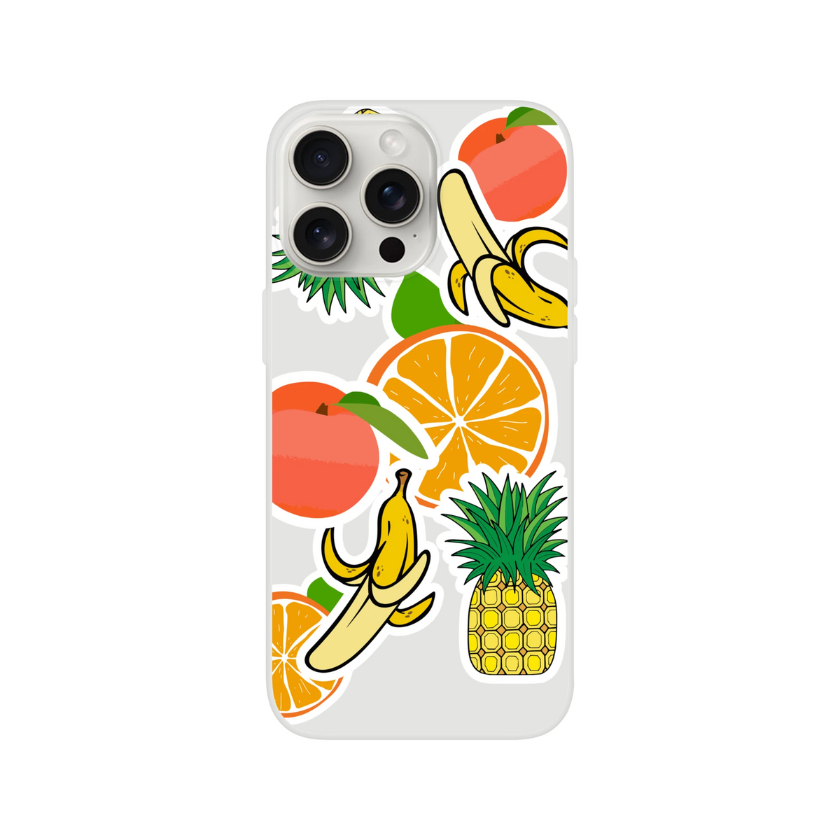 Transparent iPhone case featuring a collage of tropical fruit stickers, including oranges, bananas, and pineapples, in a vibrant streetwear style.