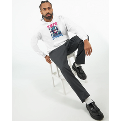 Man wearing Monkey DJ men's graphic hoodie in white with multicolor print; cotton blend.