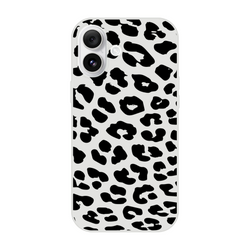 Retro Snow Leopard iPhone Case (13-16) Animal Aesthetic Phone Cover with black leopard print on light gray.