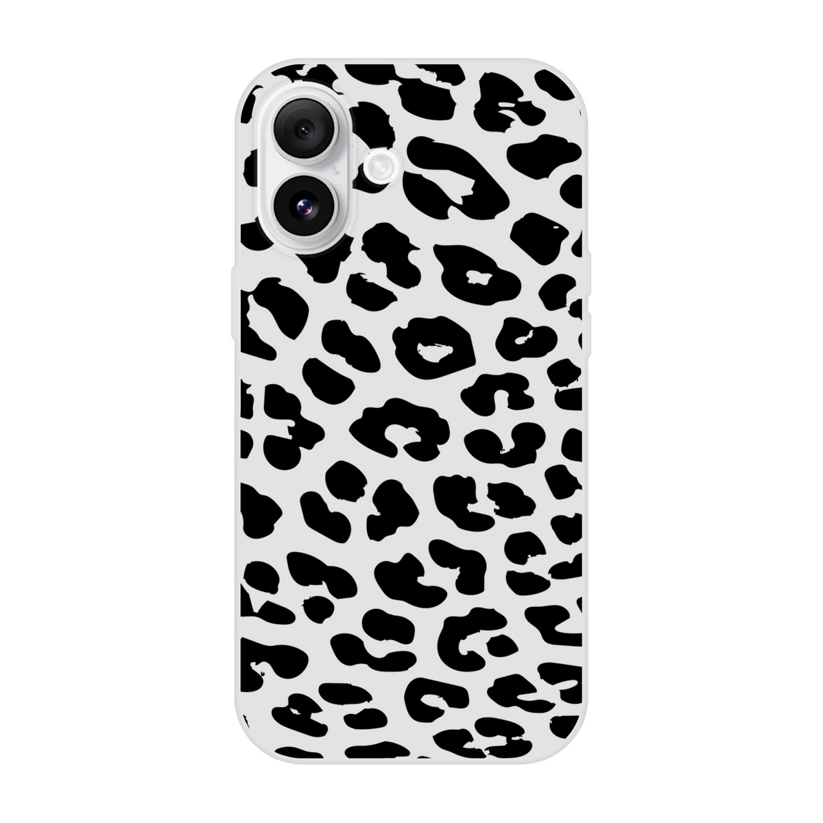 Retro Snow Leopard iPhone Case (13-16) Animal Aesthetic Phone Cover with black leopard print on light gray.