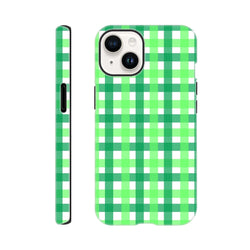 Retro green gingham iPhone case with bold wraparound plaid pattern and shock-absorbing tough protection for daily commutes.