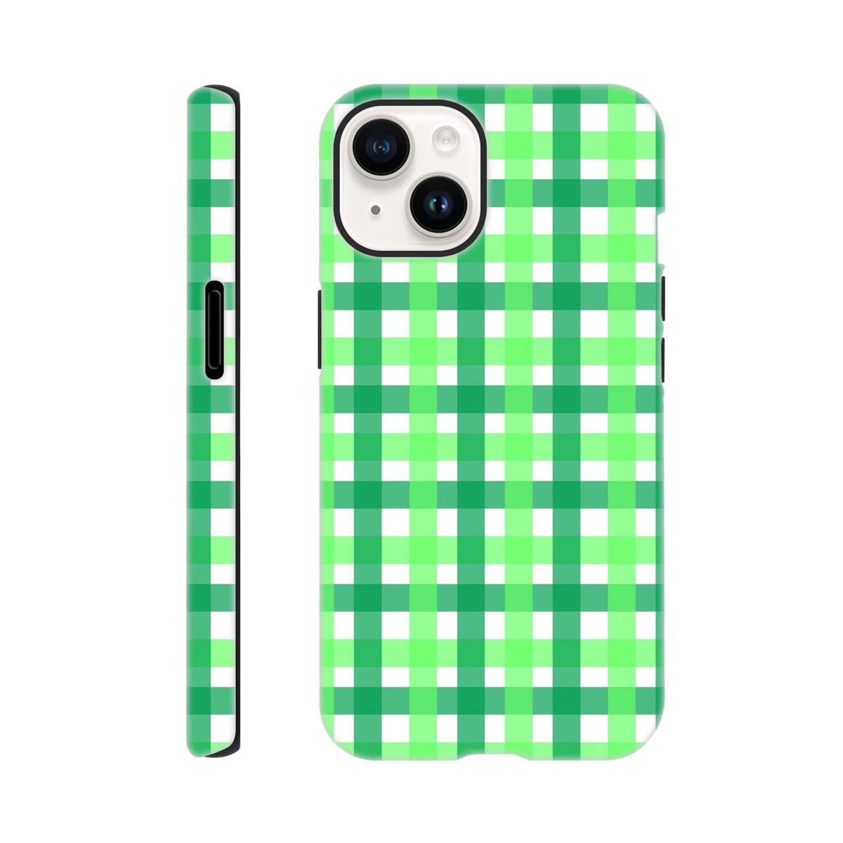 Retro green gingham iPhone case with bold wraparound plaid pattern and shock-absorbing tough protection for daily commutes.