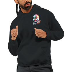 Black Full Send hoodie for men featuring a colorful palm tree graphic, front pouch pocket, and double-lined hood for modified car culture style.