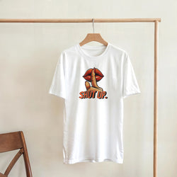 White Lips graphic tee with lips, finger over lips, and SHUT UP text on front.