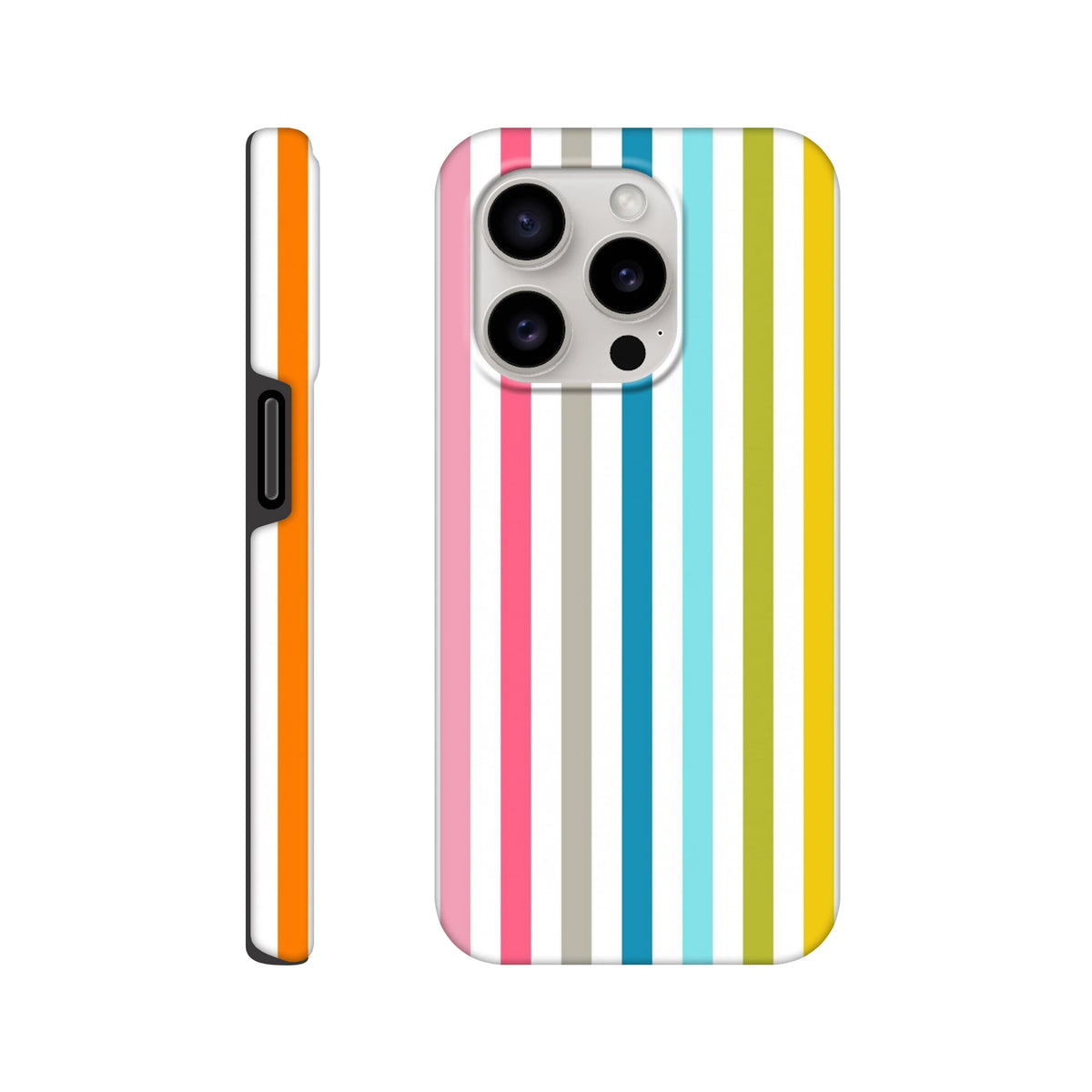 Retro rainbow stripe tough iPhone case featuring pink, blue, and yellow vertical bands for a vibrant streetwear look.