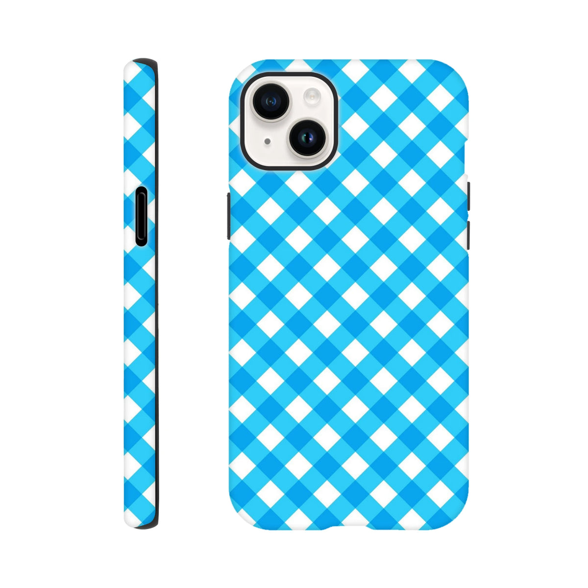 Blue gingham checkered tough iPhone case featuring a cute retro design with shock-absorbing protection for daily use.
