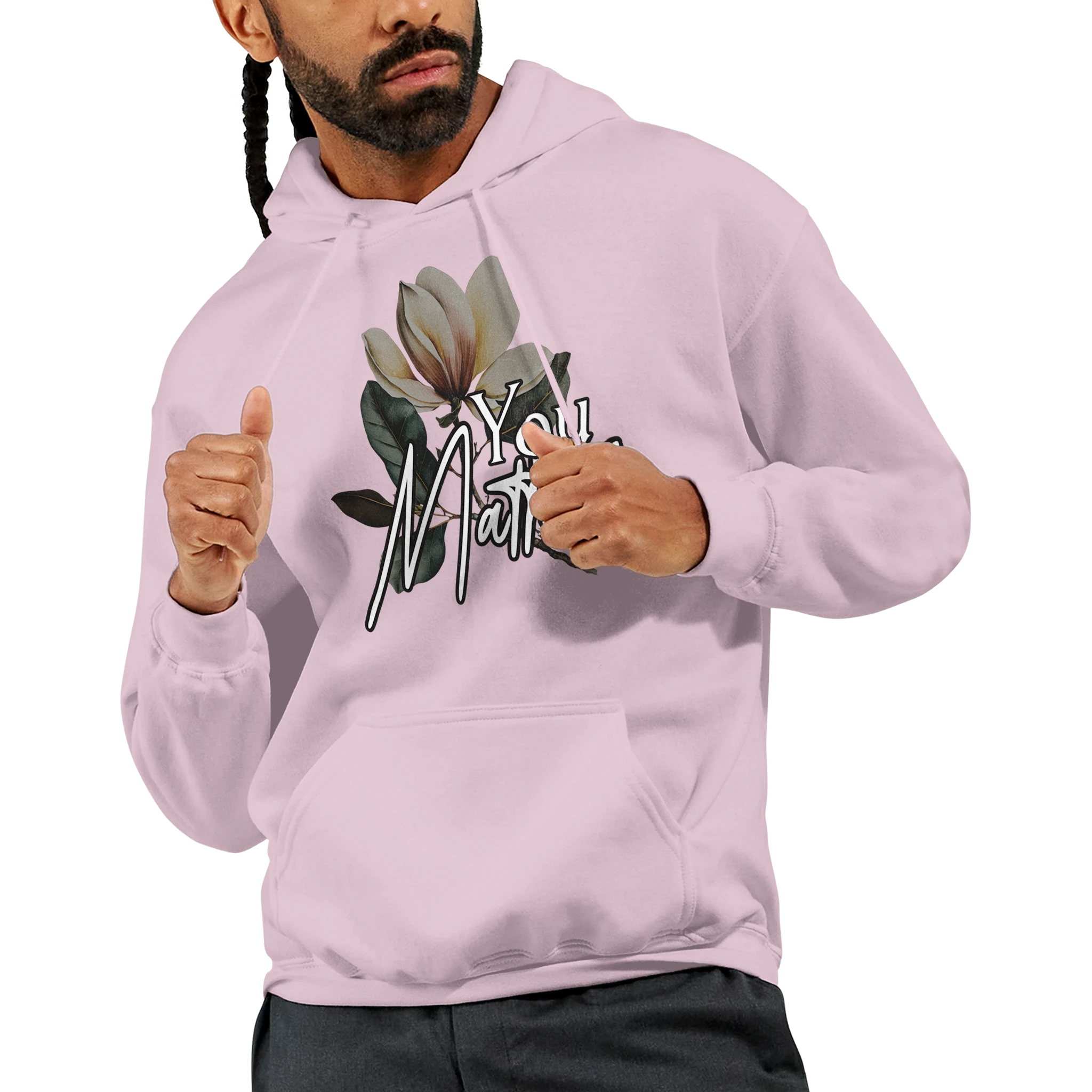 Men's You Matter slogan graphic hoodie in soft cotton blend with floral design and front pocket.