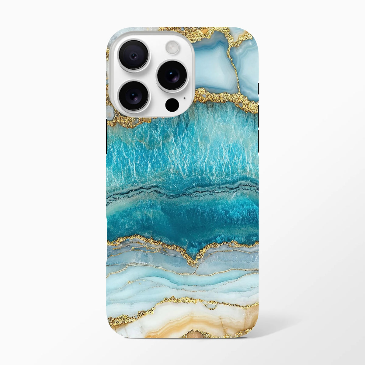 Blue Agate Tough iPhone Case featuring teal and gold marble design, optimized for protection on iPhone 13-16 models.