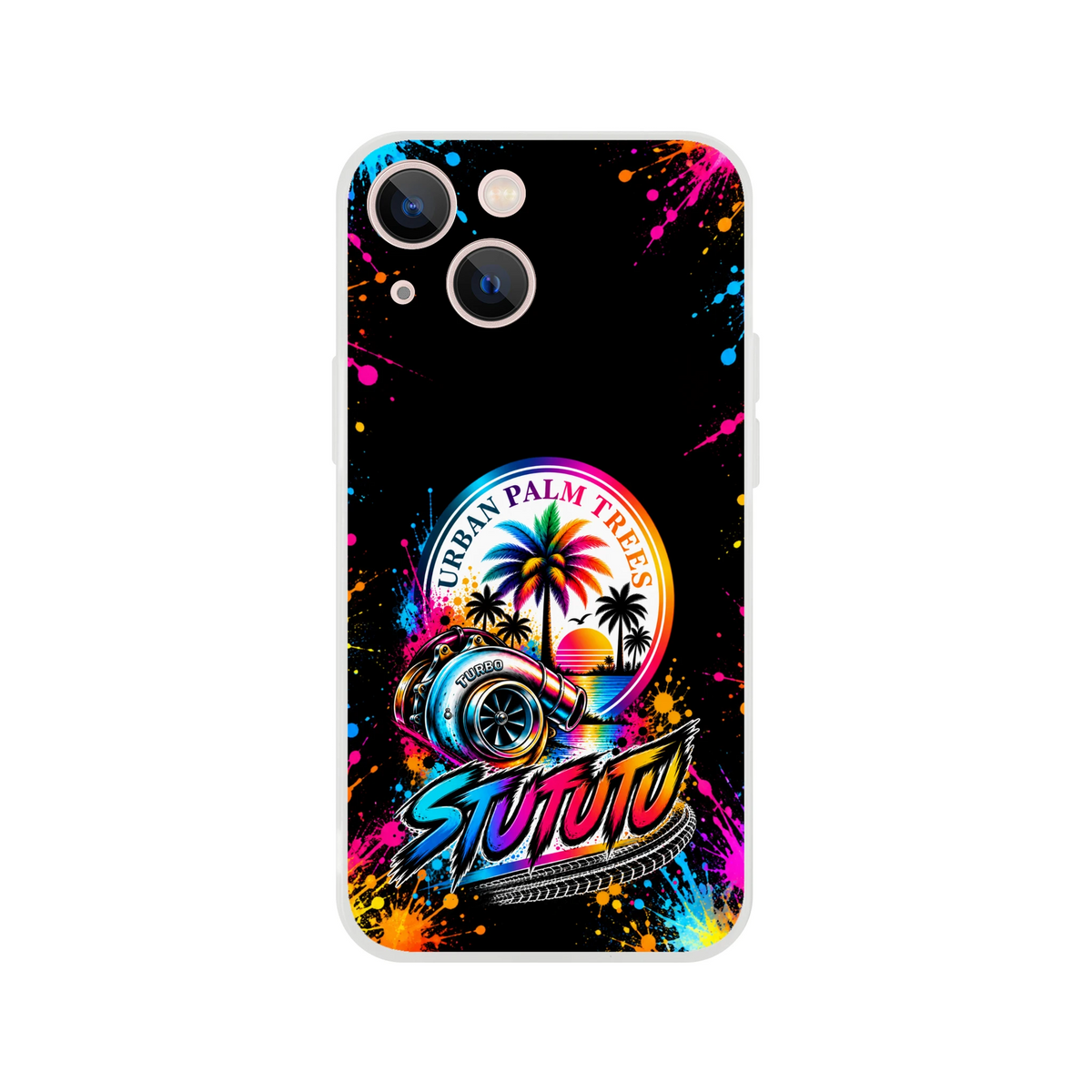 Turbo Car Culture iPhone Case with Urban Palm Trees graphic, featuring a colorful turbocharger, sunset palm trees, and paint splatters on a black background.
