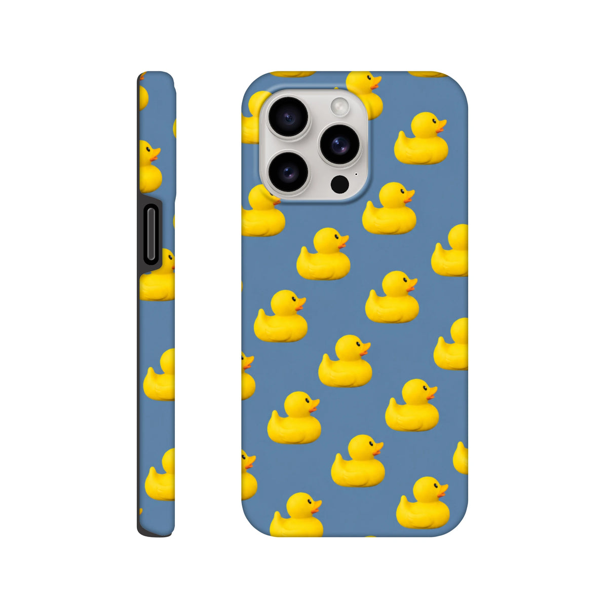 Blue iPhone case featuring a repeating pattern of cute yellow rubber ducks for a kawaii streetwear look on iPhone 13-16.