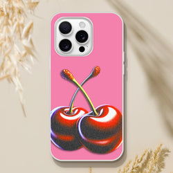 Pink iPhone case with cherry motif, retro Y2K aesthetic for iPhone 13-16, slim matte TPU cover.